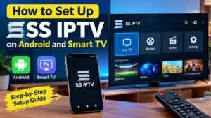 SS IPTV app open on a phone and smart TV showing Live TV, Movies, Series, and category icons for Sports, News, and Kids