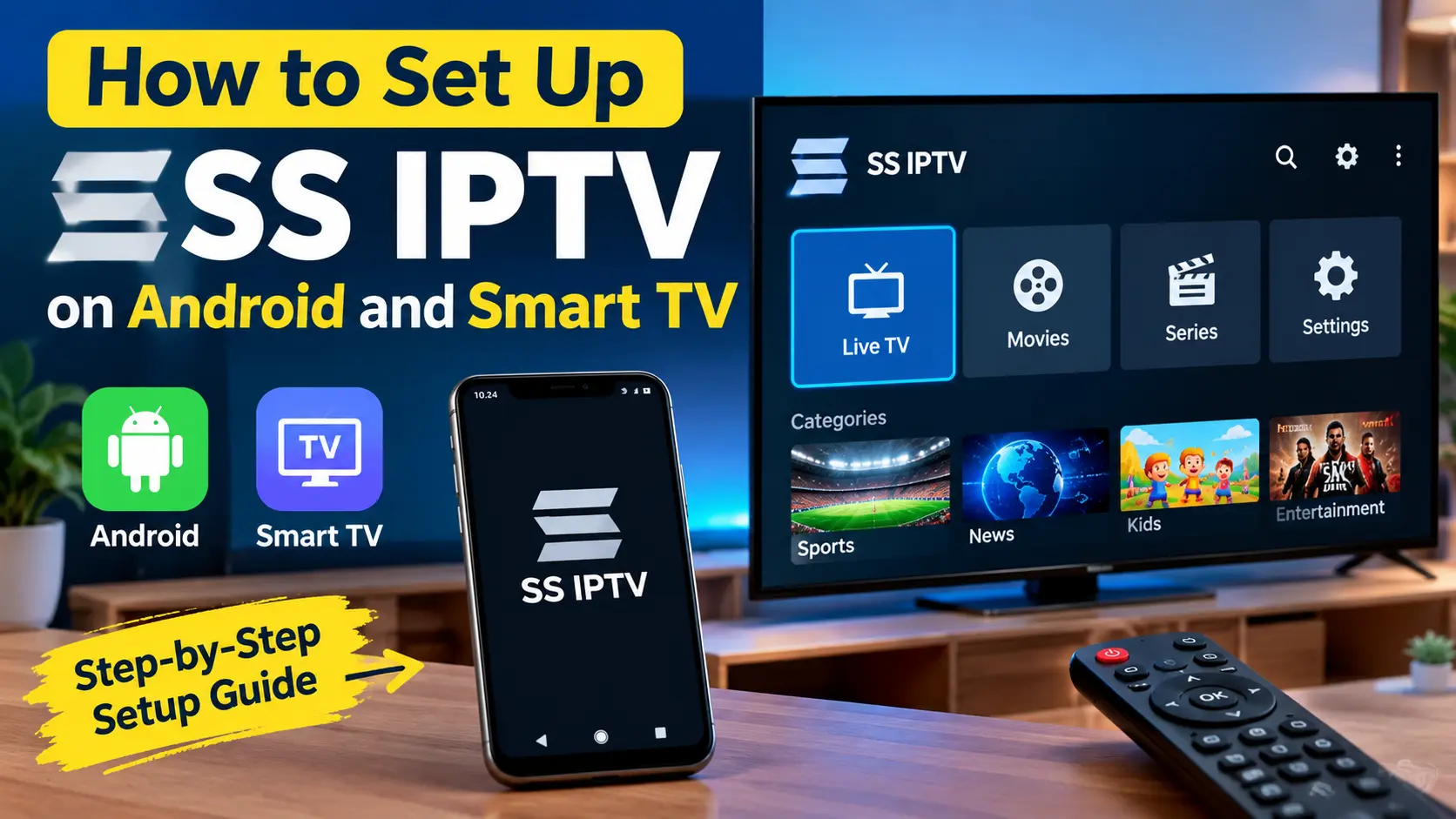 SS IPTV app open on a phone and smart TV showing Live TV, Movies, Series, and category icons for Sports, News, and Kids