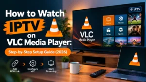 VLC media player interface on a smart TV showing Live TV, Movies, Series, and Sports categories with a laptop nearby