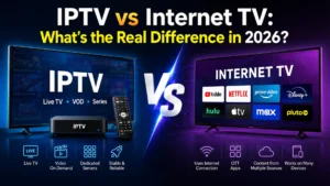 IPTV set-top box with live TV and VOD versus Internet TV streaming apps like Netflix, YouTube, and Disney+