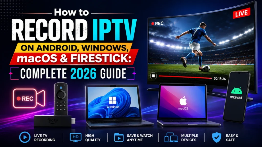 Live IPTV recording of a football match on screen with Fire TV, Windows, macOS, and Android devices below
