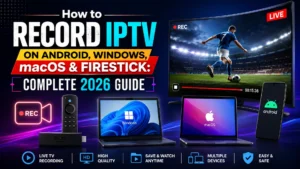Live IPTV recording of a football match on screen with Fire TV, Windows, macOS, and Android devices below