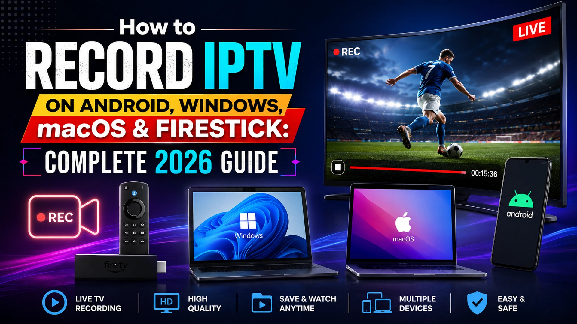 Live IPTV recording of a football match on screen with Fire TV, Windows, macOS, and Android devices below