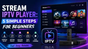 Stream IPTV player interface with live TV, sports, movies, and catch-up menu next to Firestick and remote