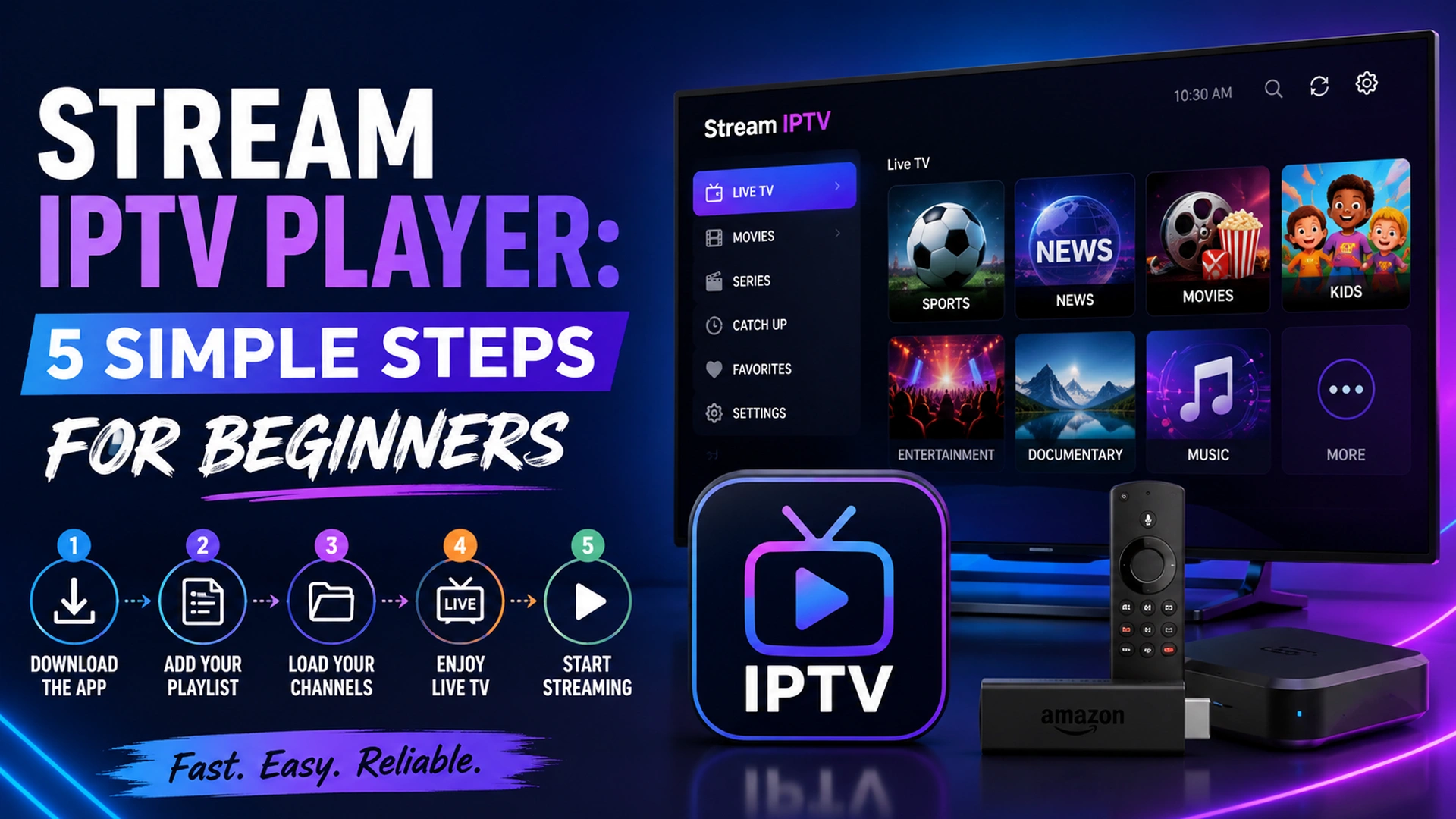 Stream IPTV player interface with live TV, sports, movies, and catch-up menu next to Firestick and remote