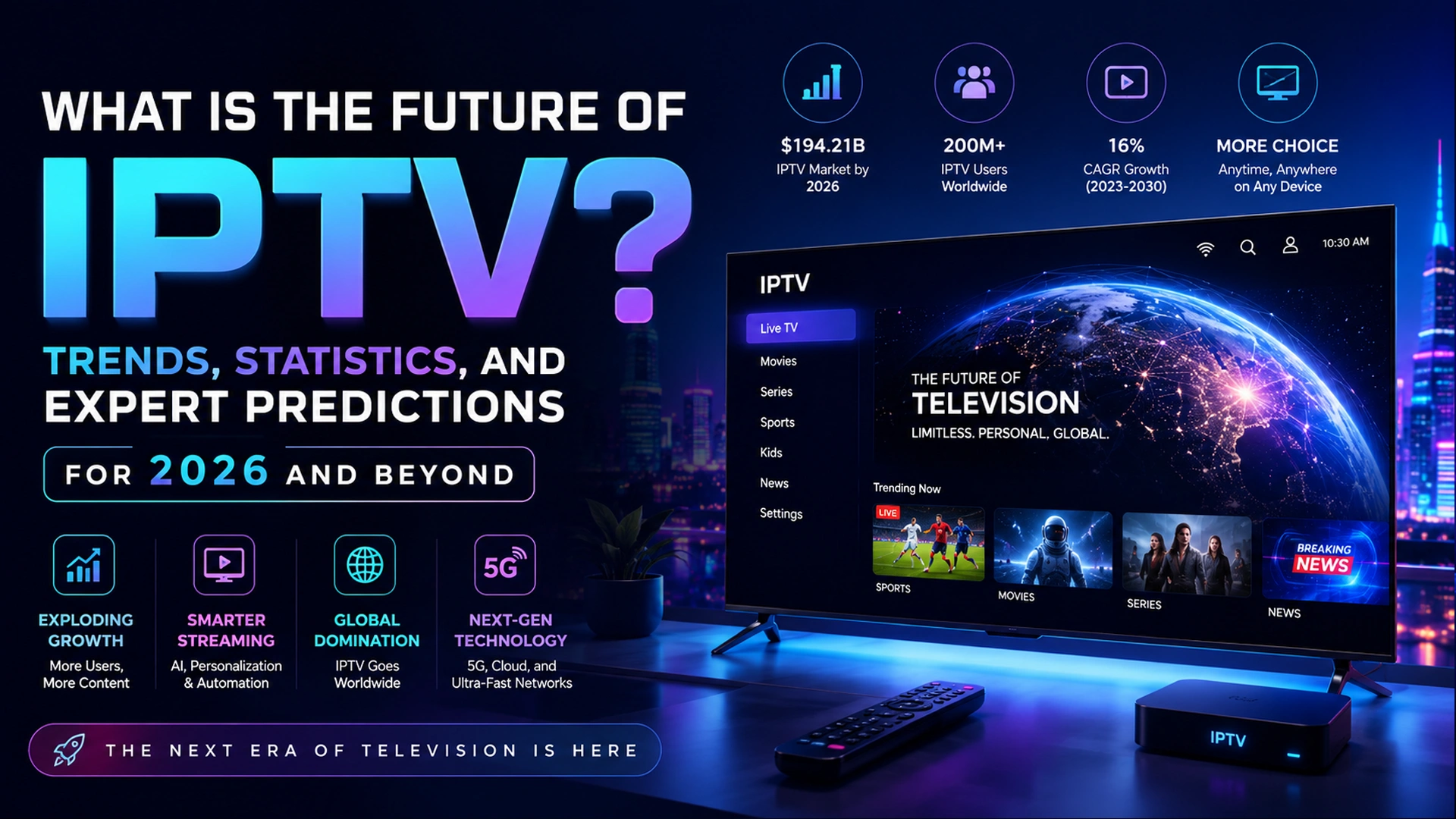 IPTV interface on a smart TV showing global streaming growth stats and trending live sports, movies, and news