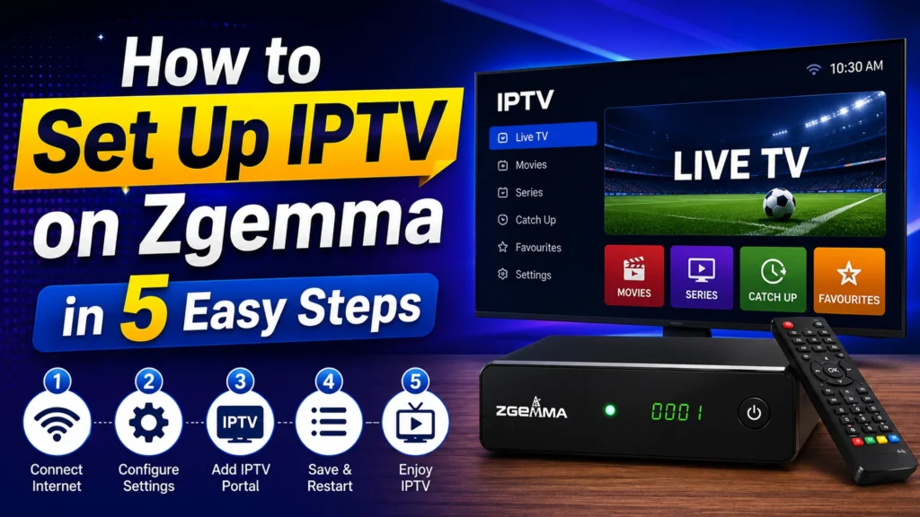 Zgemma receiver with live TV soccer stream on screen showing Movies, Series, Catch Up, and Favourites menu