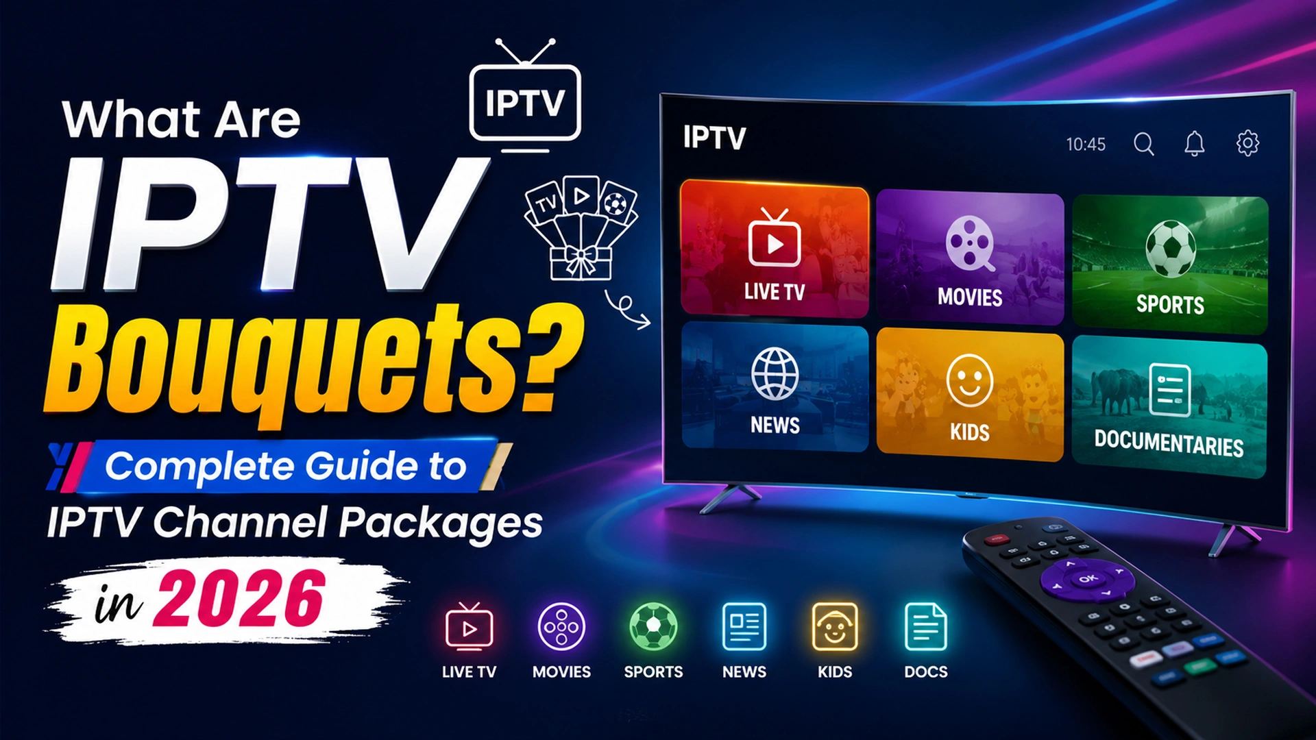 IPTV smart TV menu showing bouquet categories for live TV, movies, sports, news, kids, and documentaries
