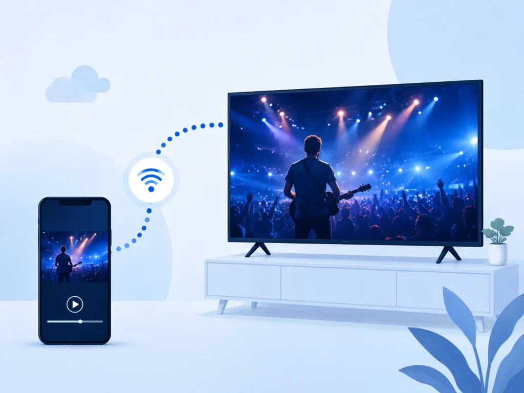 Illustration showing how an IPTV player app streams content from the internet to a TV