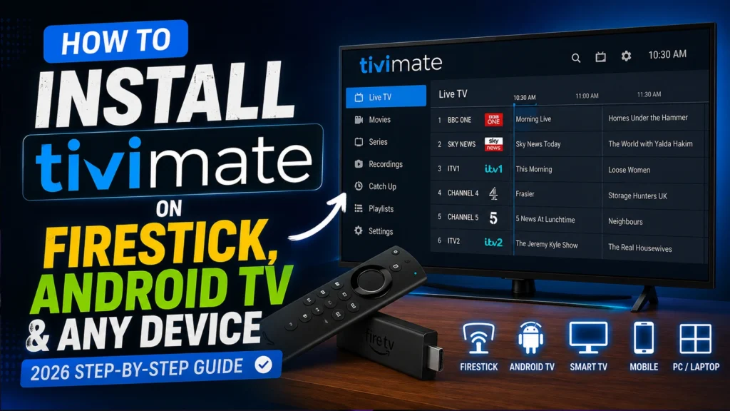 Step-by-step guide showing how to install TiviMate on Firestick, Android TV, Smart TV, mobile, and PC in 2026