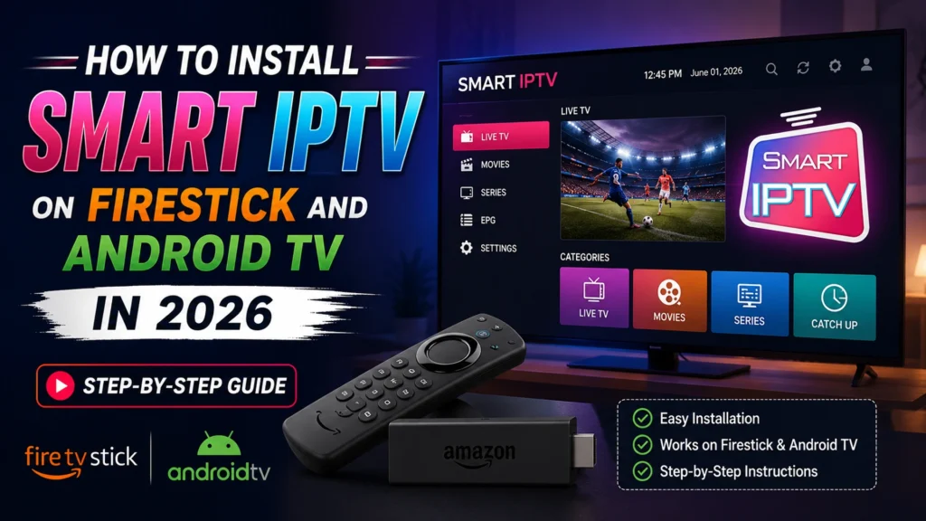 Install Smart IPTV live TV interface on a Firestick-connected TV with categories for movies, series, and catch up
