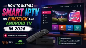 Install Smart IPTV live TV interface on a Firestick-connected TV with categories for movies, series, and catch up