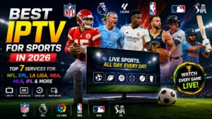 Athletes from NFL, Premier League, La Liga, NBA, MLB, and IPL beside a TV showing live sports categories and league logos