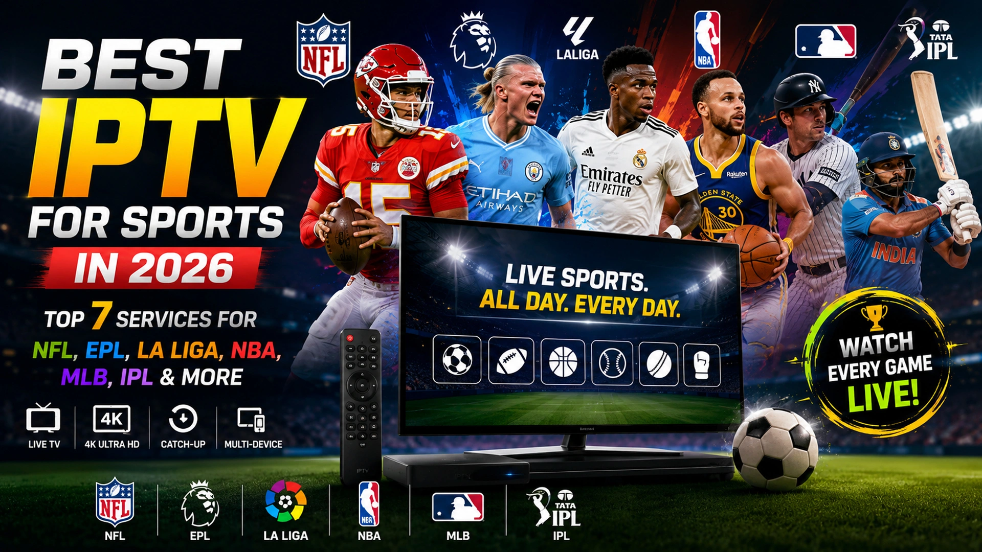 Athletes from NFL, Premier League, La Liga, NBA, MLB, and IPL beside a TV showing live sports categories and league logos