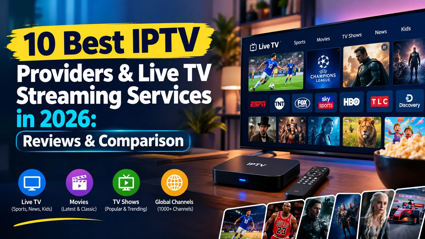 IPTV box and remote in front of a smart TV showing an IPTV app with live sports, movies, TV shows and news categories