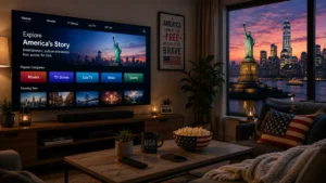 Smart TV displaying a streaming app grid in a modern living room, representing the best IPTV streaming services in the USA for 2026