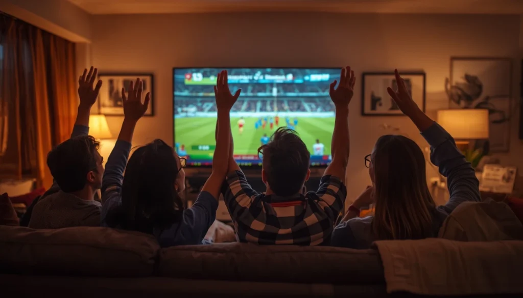Sports fans watching a live game together, illustrating Fubo TV as the best IPTV service for sports and regional sports networks