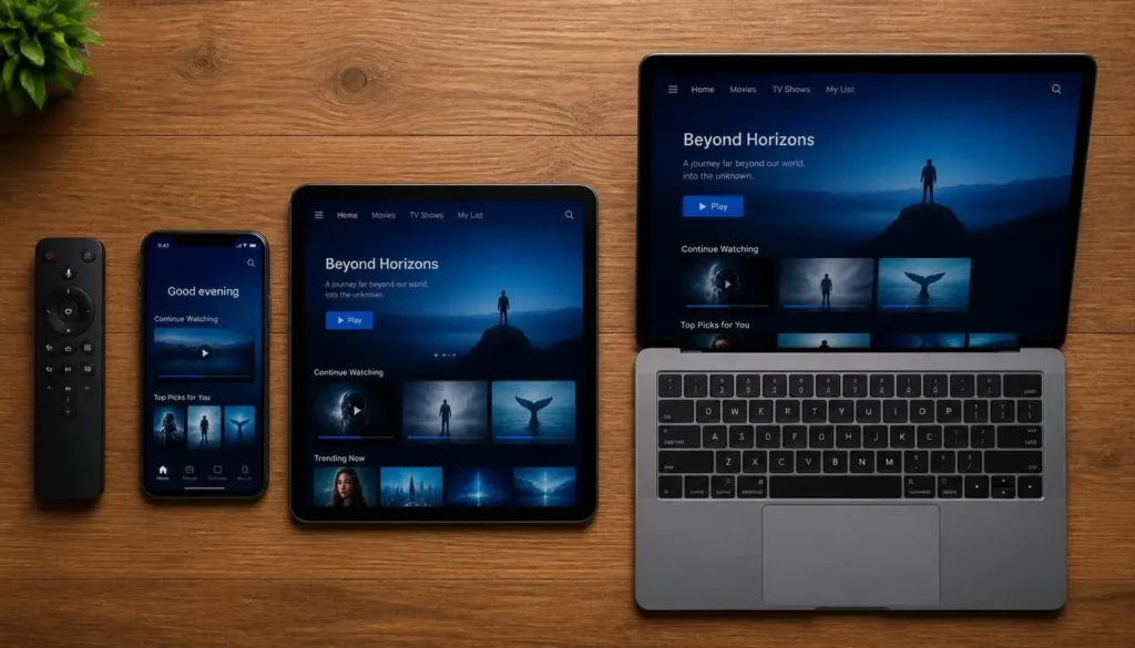 IPTV streaming service accessed across phone, tablet, laptop, and smart TV devices
