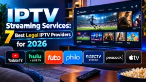 Smart TV showing live sports, movies, and news alongside logos for YouTube TV, Hulu+ Live TV, Fubo, Philo, DIRECTV Stream, Peacock, and Apple TV