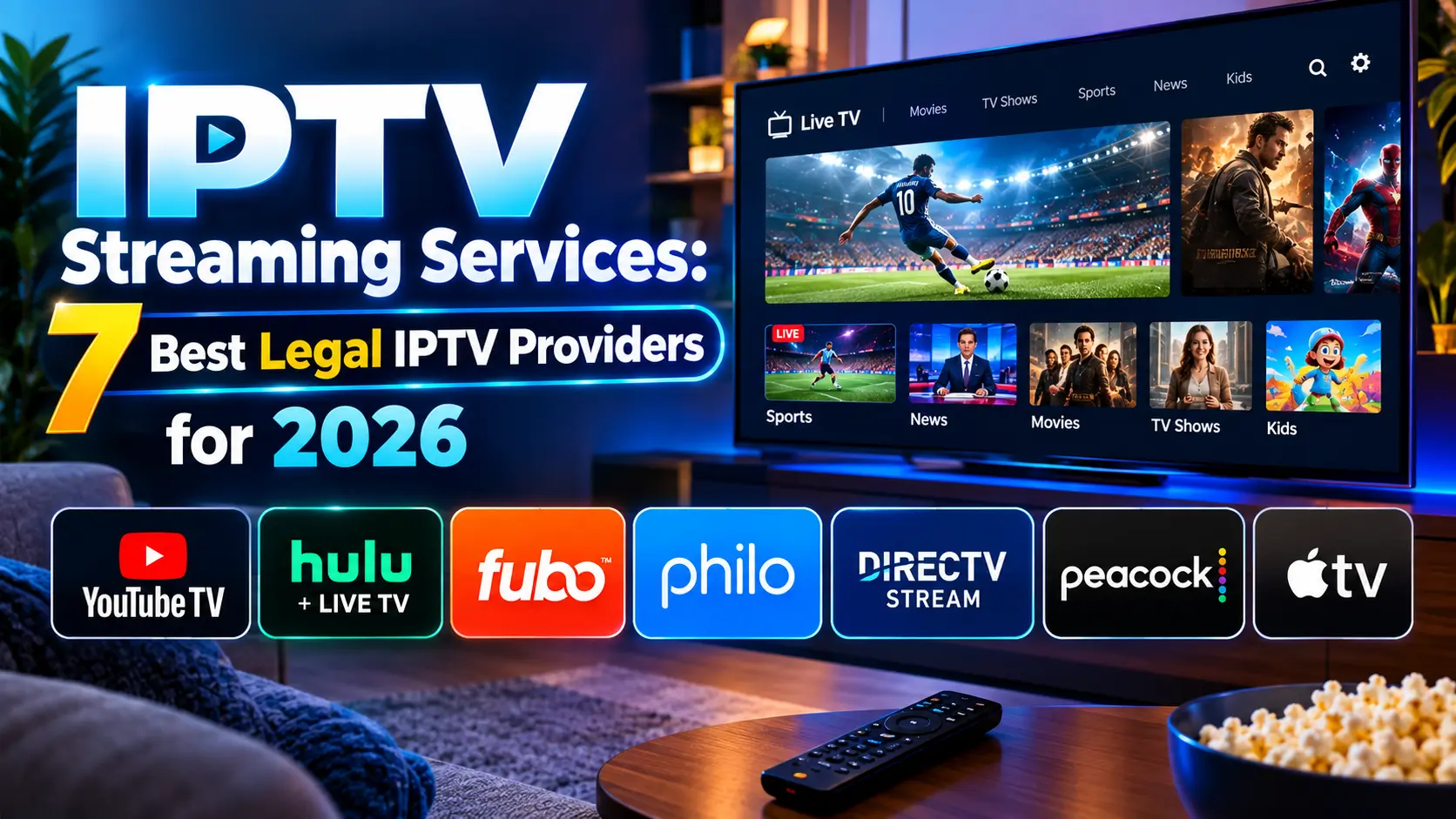 Smart TV showing live sports, movies, and news alongside logos for YouTube TV, Hulu+ Live TV, Fubo, Philo, DIRECTV Stream, Peacock, and Apple TV