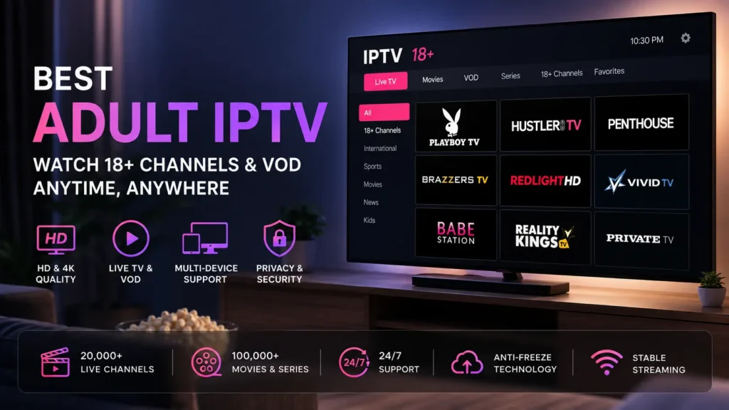 10 Best Adult IPTV Providers Compared in 2026 Adult IPTV with 18+ channels, live TV and VOD streaming on a smart TV