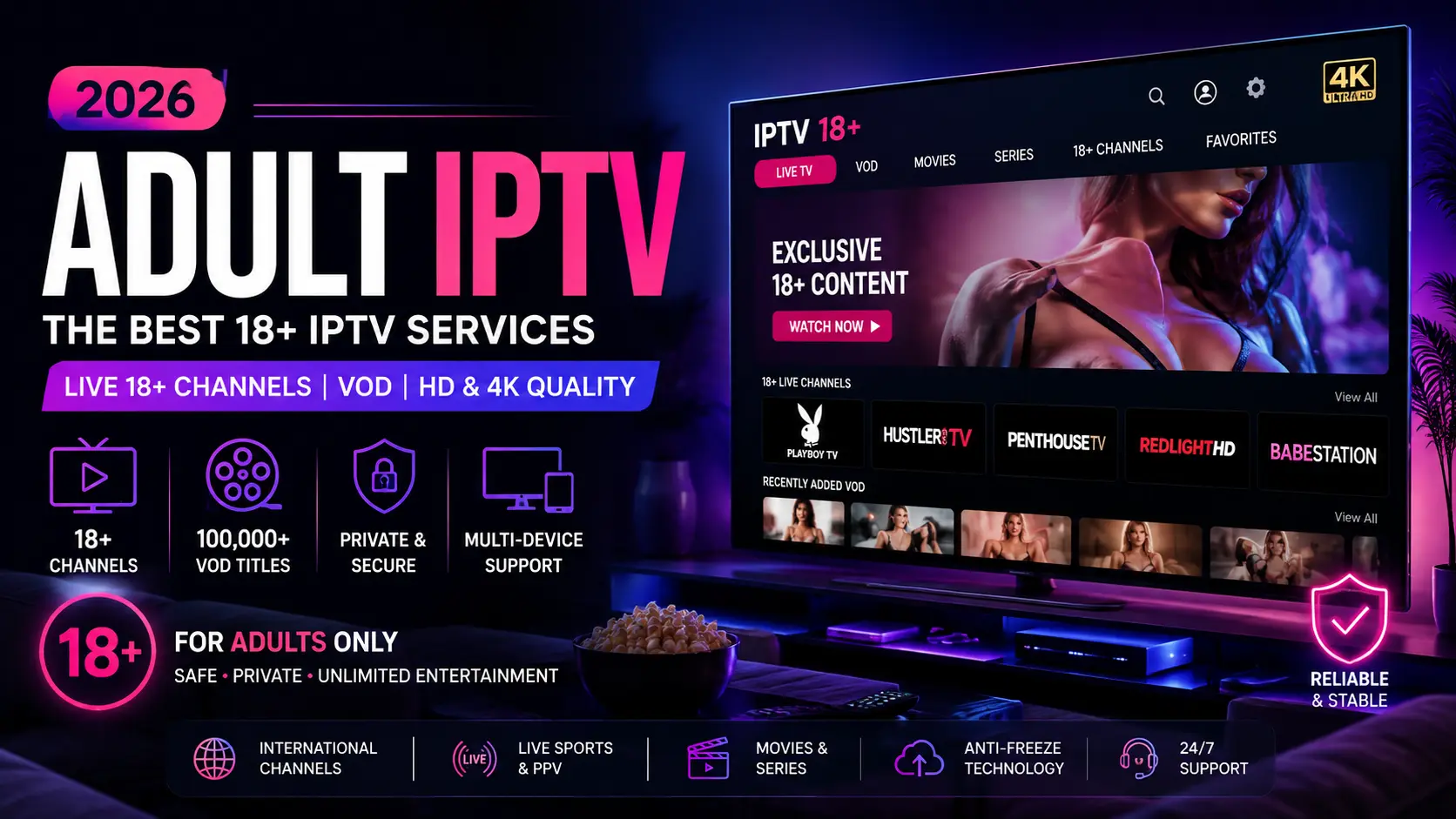 Adult IPTV with 18+ channels, VOD, HD and 4K streaming services in 2026