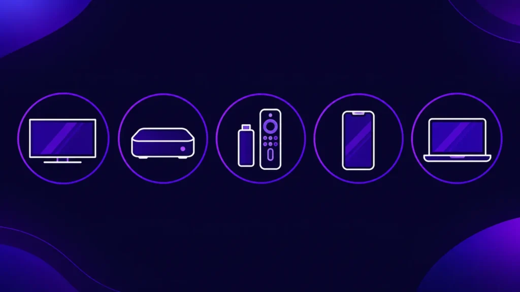 Icons showing adult IPTV compatibility with Smart TV, Firestick, Android TV, and mobile