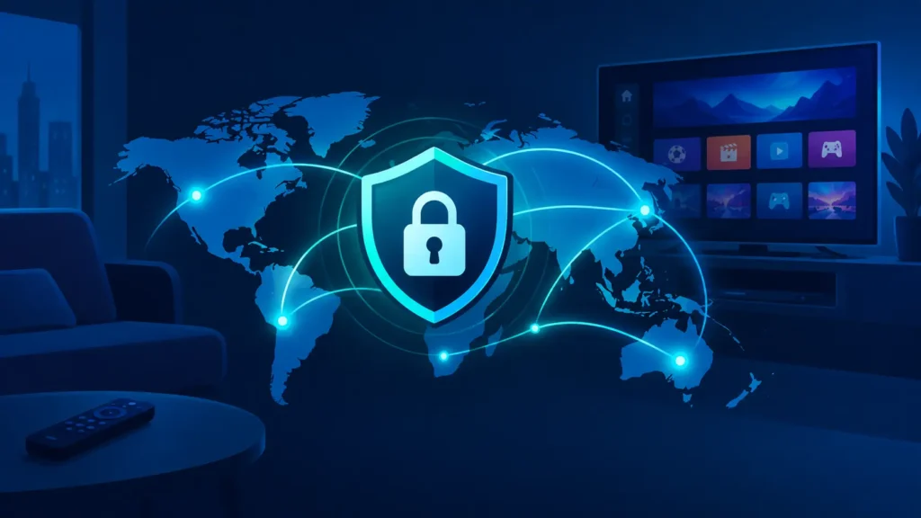 VPN and privacy protection illustration for adult IPTV streaming