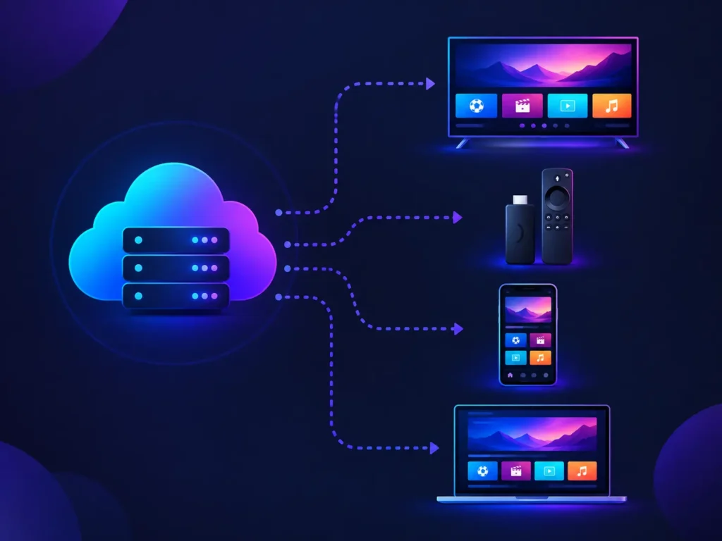 Diagram showing how adult IPTV streams from server to Smart TV, Firestick, and phone