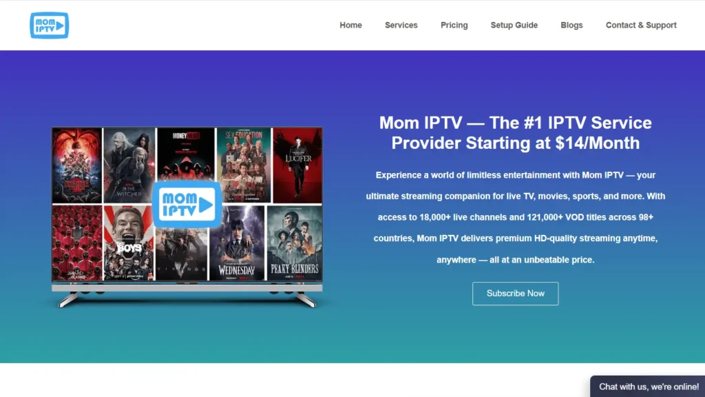 Mom IPTV homepage showing 18,000+ live channels and VOD library