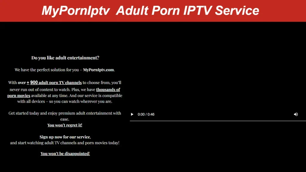 Myporn IPTV homepage showing 900+ adult TV channels and VOD plans