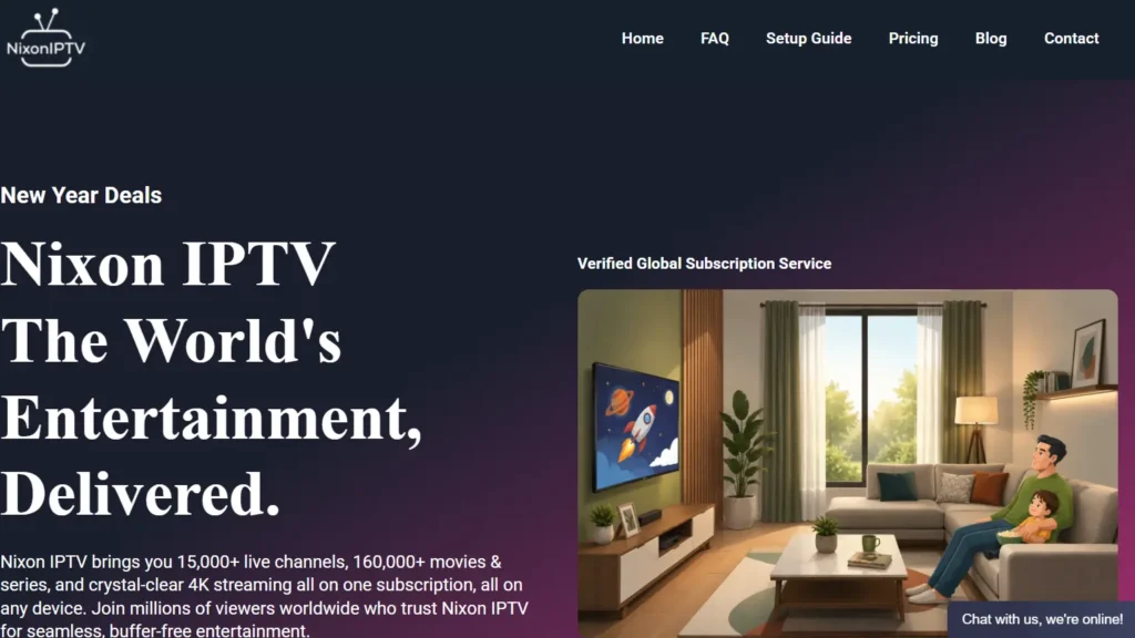 Nixon IPTV homepage showing 15,000+ global live channels