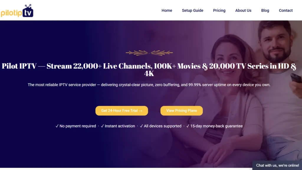 Pilot IPTV homepage showing 22,000+ live channels in 4K