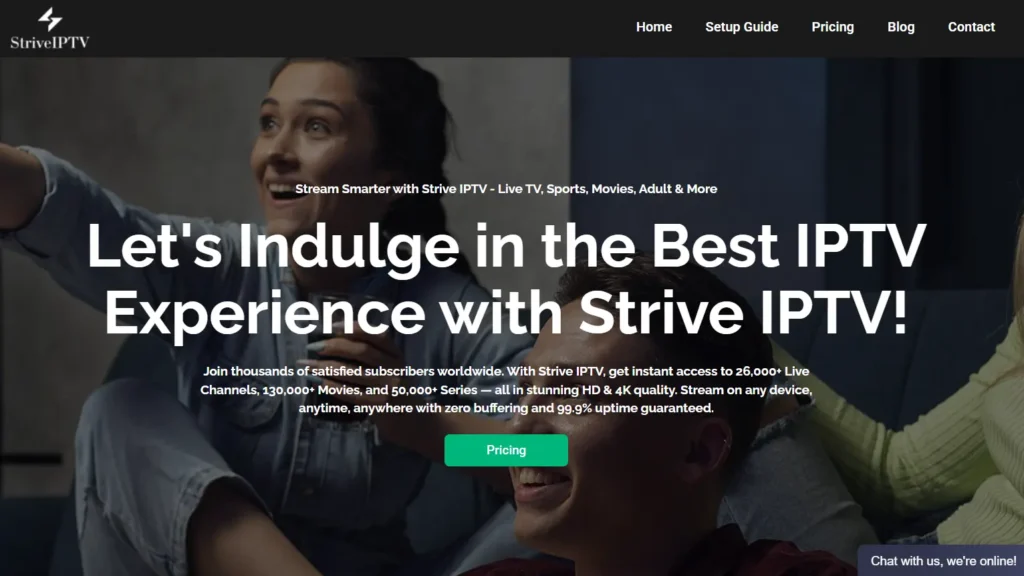 Strive IPTV homepage listing Adult as a content category alongside Live TV and Sports