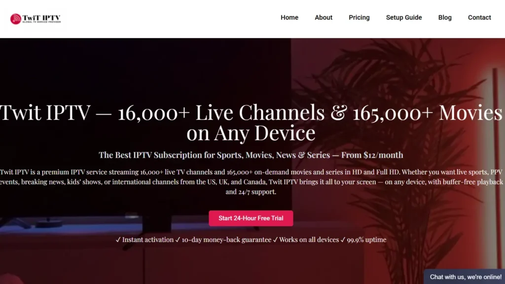 Twit IPTV homepage showing 16,000+ live channels and movies