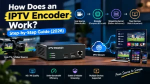 IPTV encoder with HDMI input sending a live camera feed through the cloud to a TV, laptop, tablet and smartphone